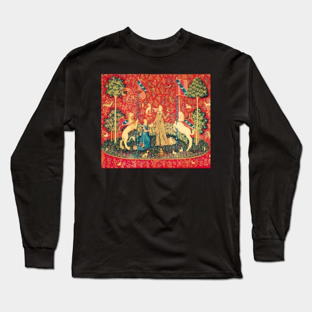 LADY AND UNICORN Taste, Red Green Fantasy Flowers,Animals Long Sleeve T-Shirt by BulganLumini